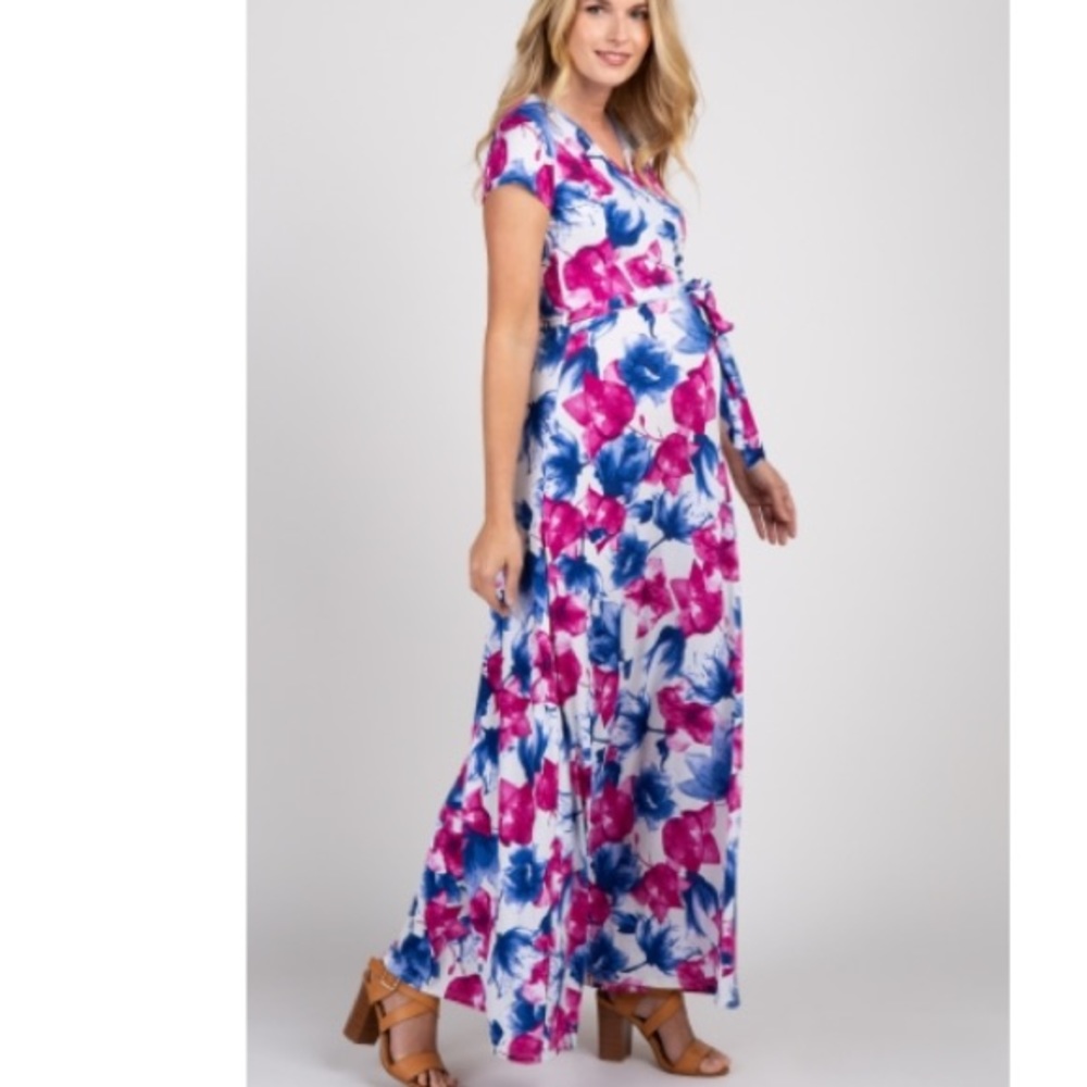 White Floral Short Sleeve Maternity Maxi